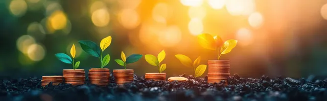 Green sprouts rise from stacked gold coins under warm sunlight with blurred bokeh in the background.