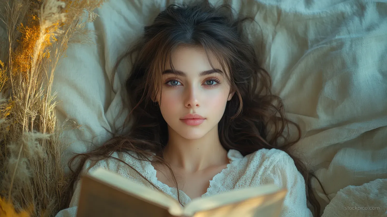 Woman lies in bed reading a book under warm light with a blanket and pillow visible.