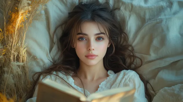 Woman lies in bed reading a book under warm light with a blanket and pillow visible.