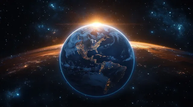 Earth from space with North and South America lit by city lights and the sun rising behind amid stars.