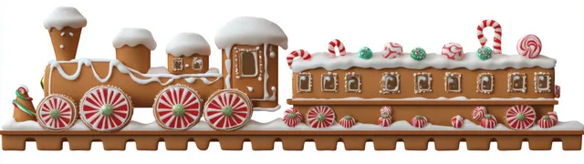 Gingerbread holiday train decorated with candy cane accents, peppermint wheels, and white icing roof details on tracks.