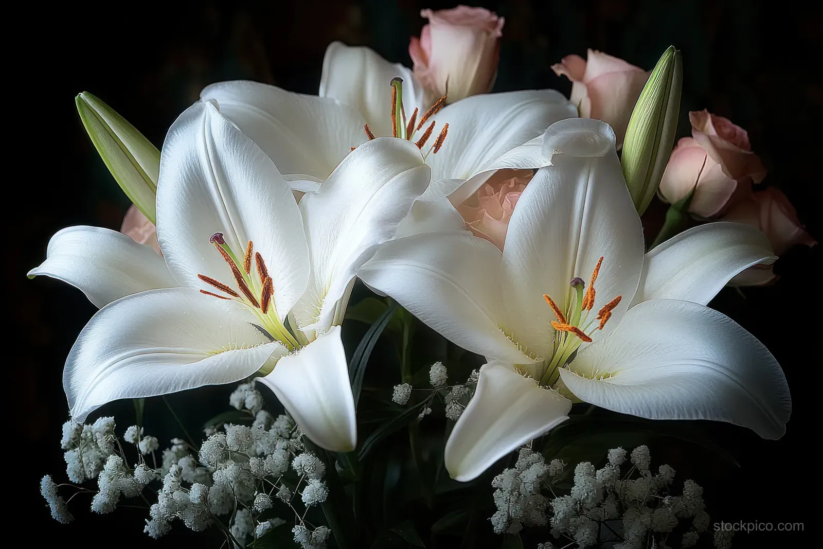 White lilies with orange stamens and pink roses sit beside baby's breath on a dark background.