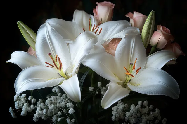 Close-up white lilies with orange stamens, pink roses, and baby's breath on dark background