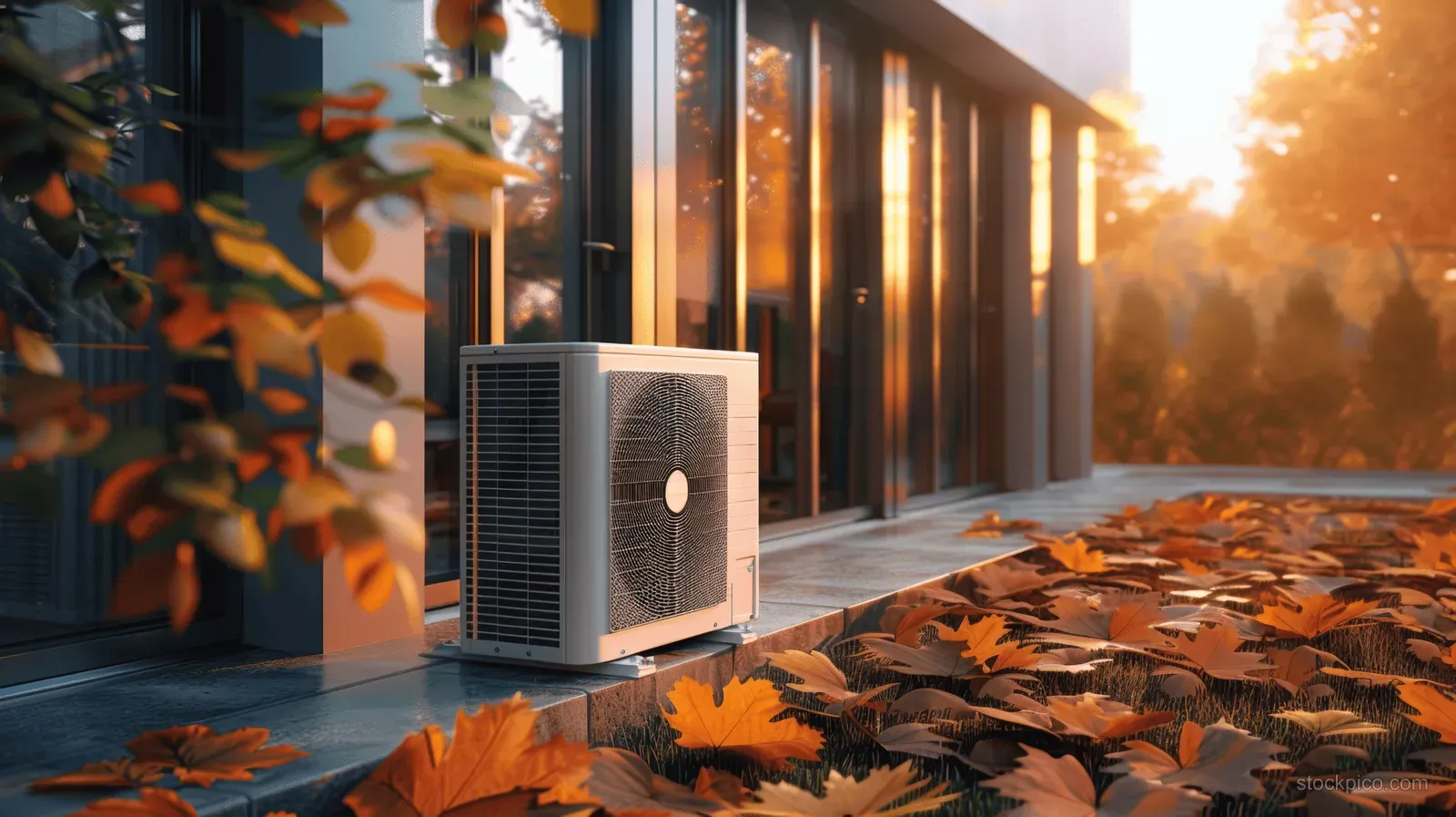 An outdoor heat pump sits on a terrace beside a modern house in autumn sunset light.