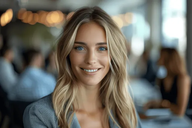 Smiling blonde woman in a grey blazer exudes confidence and approachability in a modern office setting.