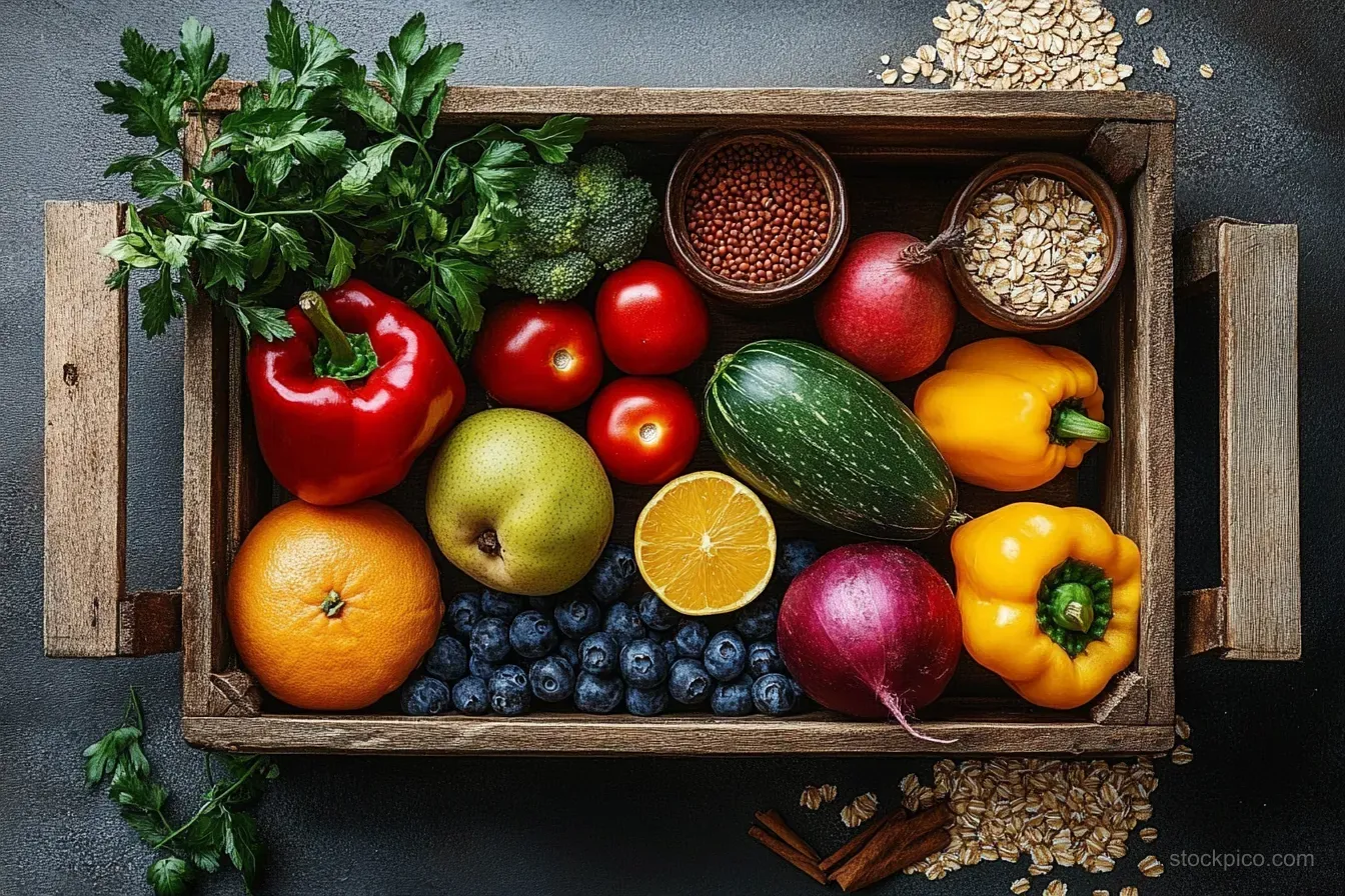 A wooden crate holds colorful vegetables, fruits, herbs, rolled oats, and spices on a dark textured table.