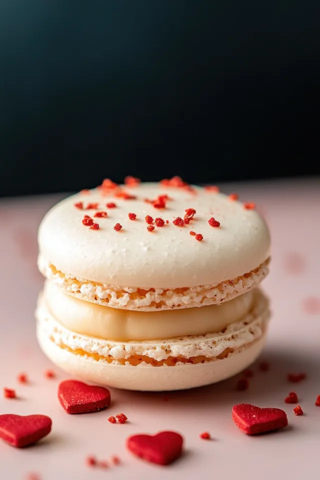 A white macaron topped with red sprinkles sits among small red heart decorations.