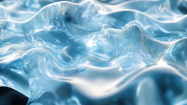 Close-up of translucent blue waves with glossy highlights and wavy fluid reflections
