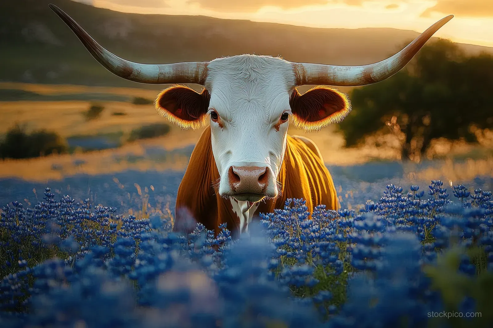 Longhorn cow standing in bluebonnet flowers under a warm Texas sunset.