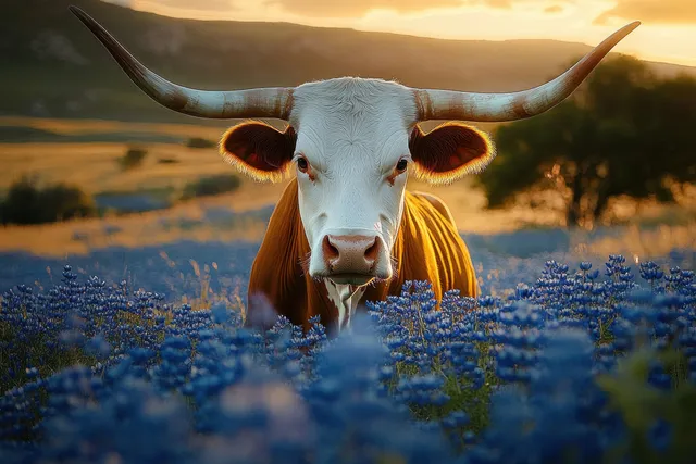 Longhorn cow standing in bluebonnet flowers under a warm Texas sunset.