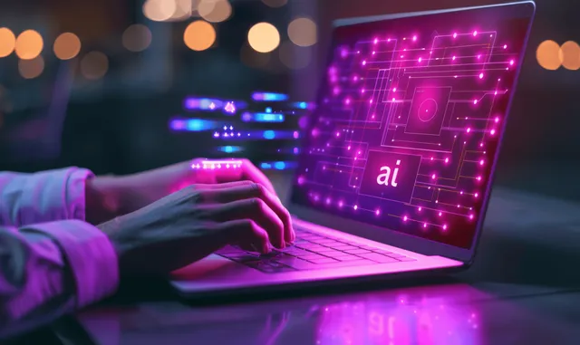 Hands typing on laptop showing glowing AI chat interface on purple digital background