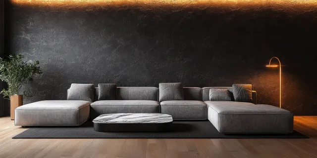 Grey sectional sofa and marble coffee table sit in a dark minimalist living room lit by a warm floor lamp.