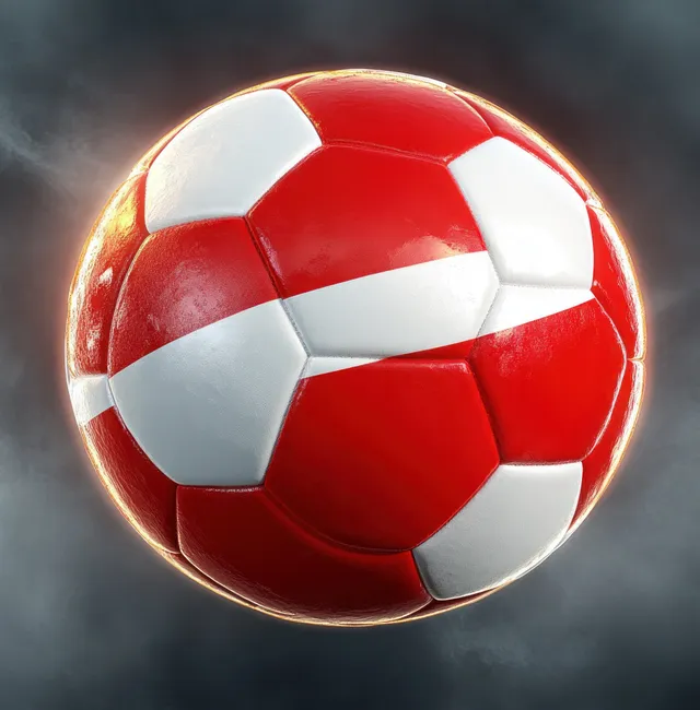 Glossy red and white soccer ball with Austrian flag pattern glowing against a dark stadium background.