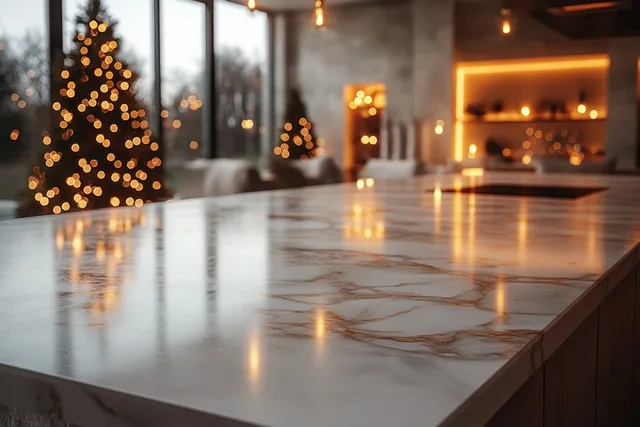 Marble kitchen countertop with candles and softly lit Christmas trees near a window.
