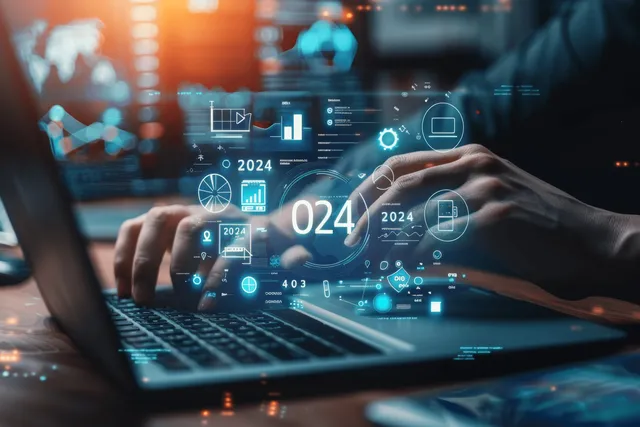 Businessman uses AI analytics on a laptop to plan 2024 growth and sustainability goals