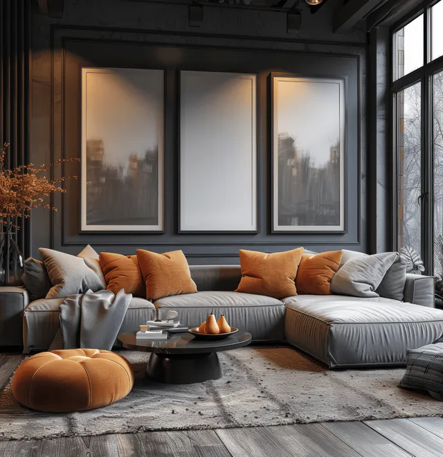 Dark living room interior with blank poster frames above a sofa and a decorative coffee table lamp on the floor.
