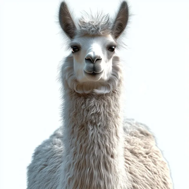 Calm llama portrait with thick curly white fur facing camera on plain white background