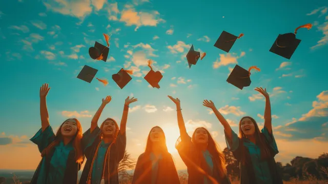 Graduating students throw mortarboard caps into a sunset sky while holding diplomas and wearing gowns.