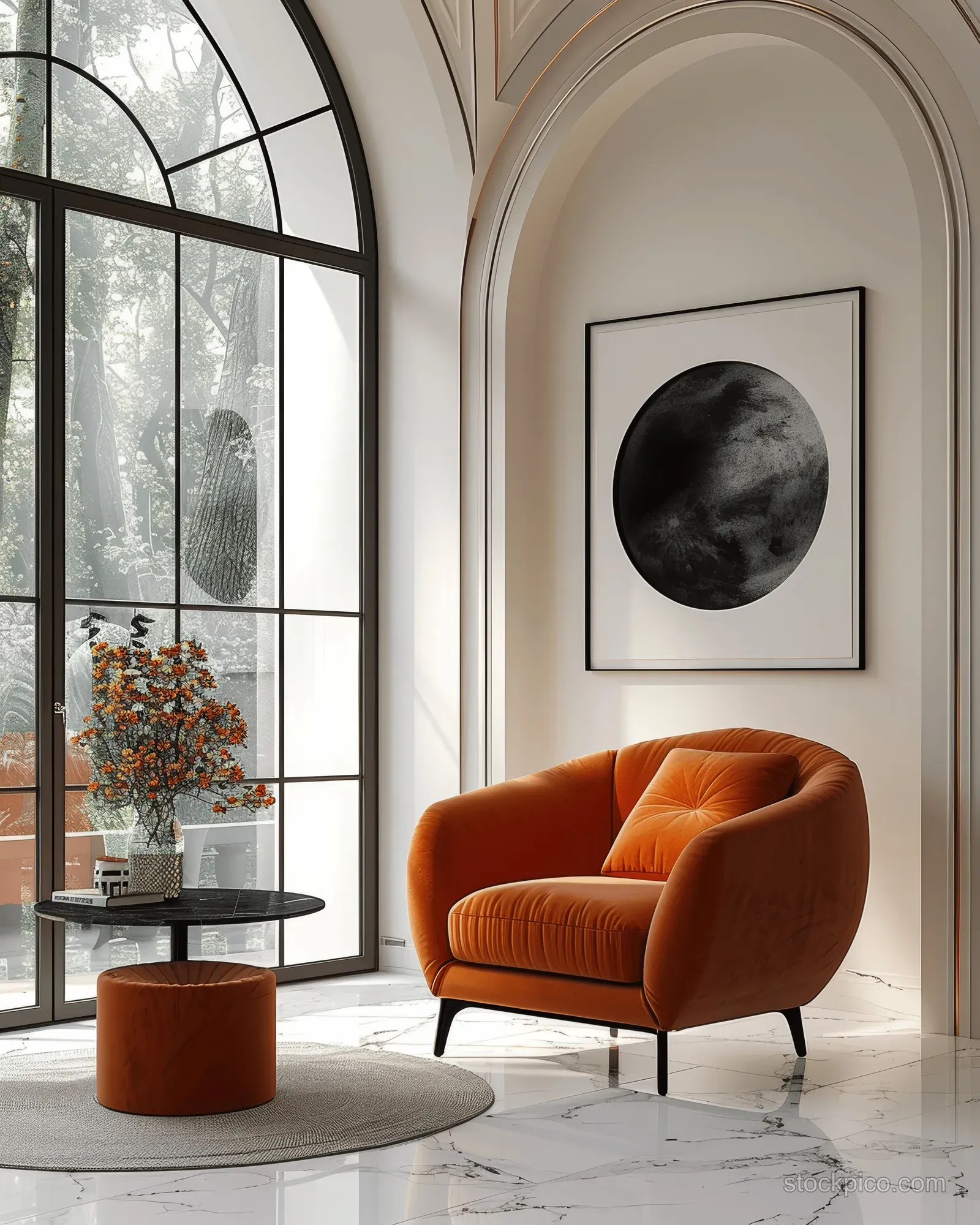 Orange armchair sits on a marble floor beside an arched window with a small round table and framed wall art.