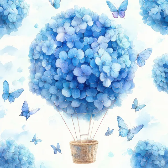 Watercolor hot air balloon made of blue hydrangea blossoms floating in a pastel sky with butterflies.