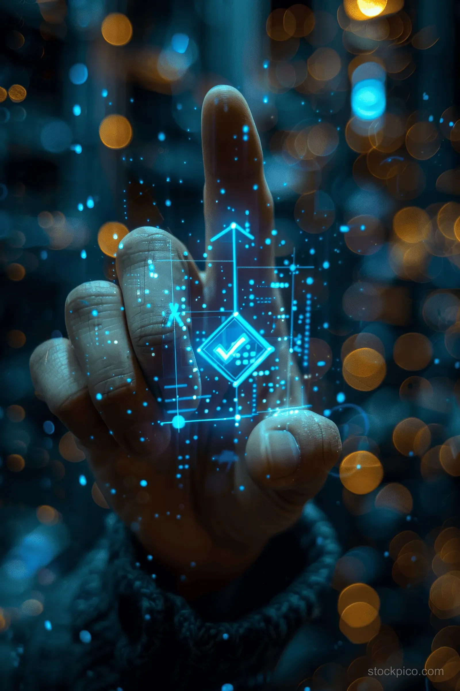 A glowing digital hand holds a bright document icon amid a neon cyber network background.