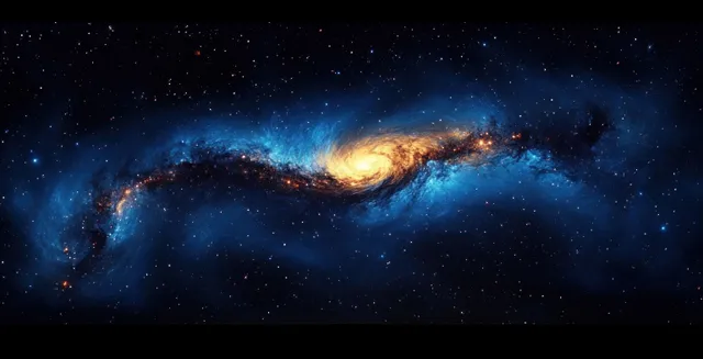 A spiral galaxy with a bright yellow core surrounded by blue cosmic clouds and scattered stars in deep space.