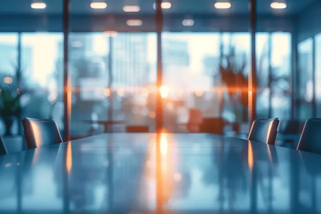 Sunlit modern conference room behind glass walls appears blurred with soft bokeh lights and shadows.