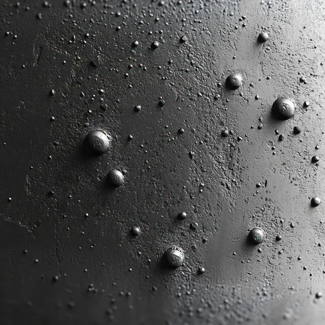 Macro view of a rough metal surface covered with scattered round droplets under dramatic lighting