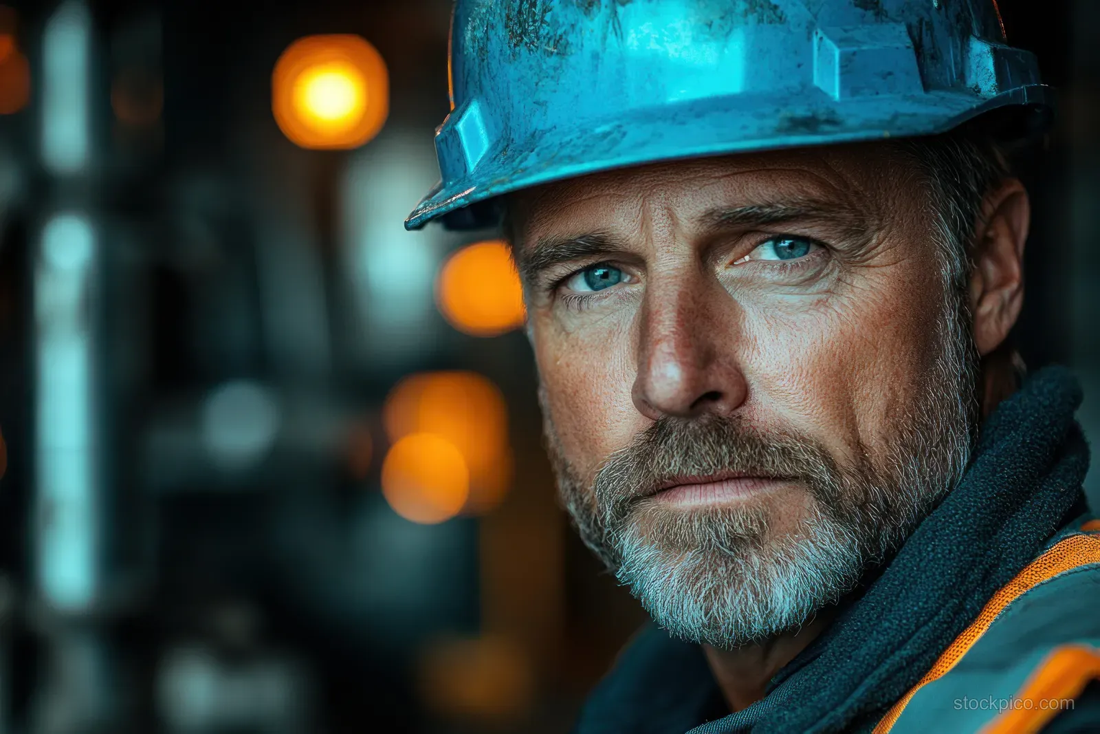 Construction worker in a blue hard hat studies a blueprint beside glowing lights at a night jobsite.