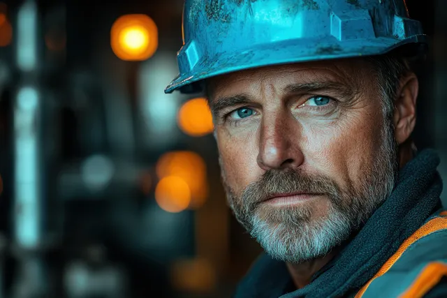Construction worker in blue hard hat planning future project with blueprint at night