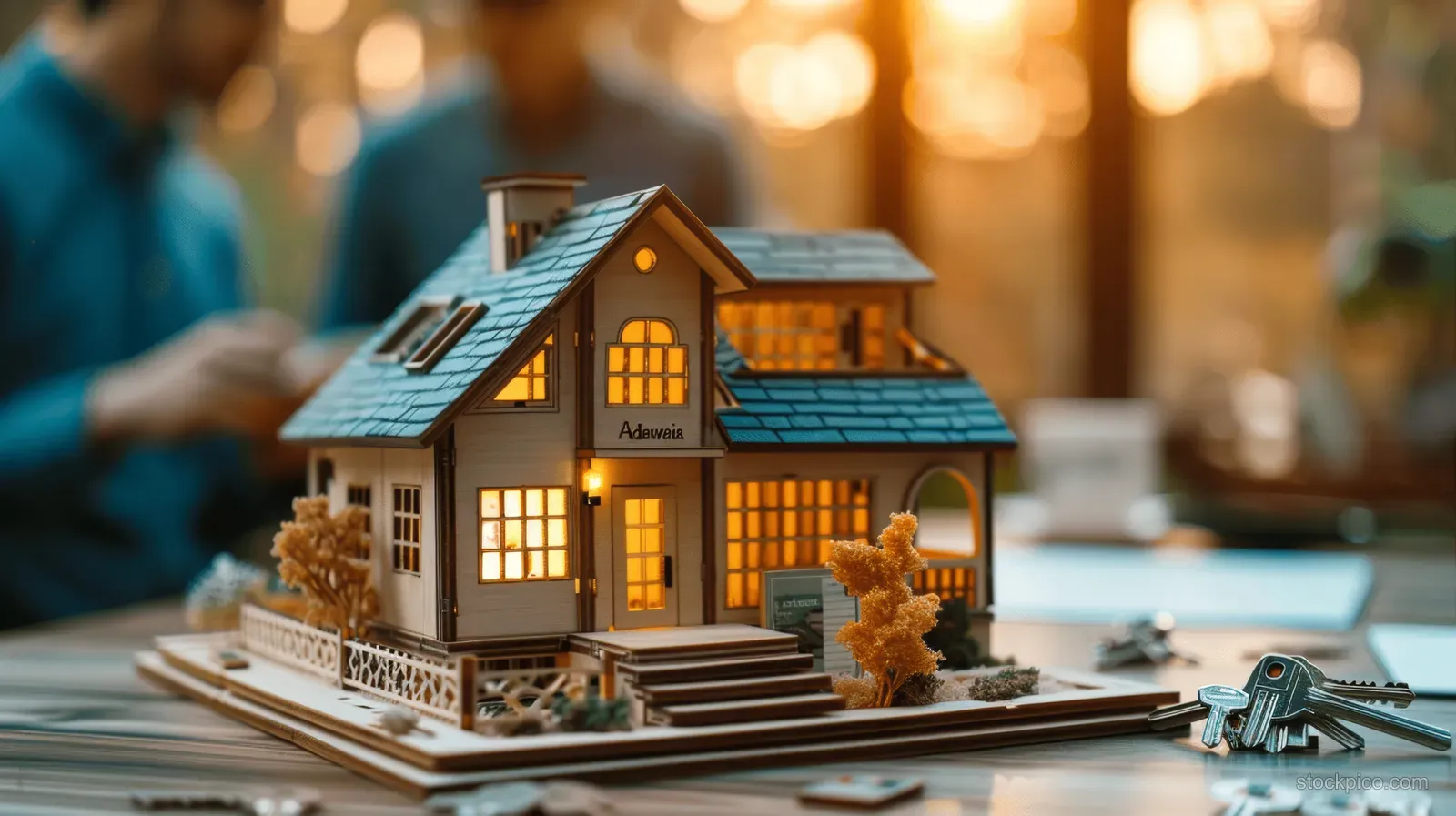 A wooden house model and key sit beside a signed real estate contract on an office desk.