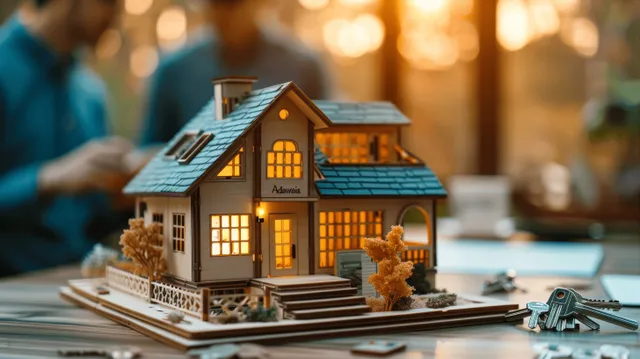 A wooden house model and key sit beside a signed real estate contract on an office desk.