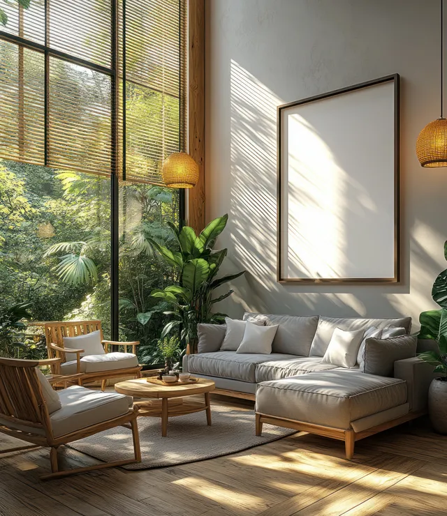 Sunlit Scandinavian living room with gray sofa, potted plants, lounge chairs, and framed blank artwork on a wall.