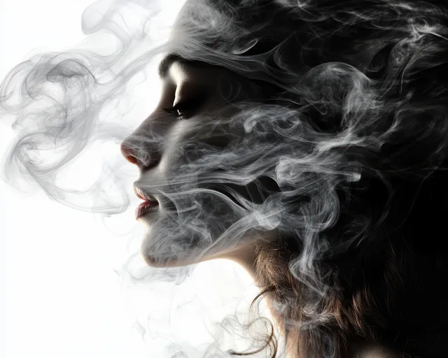 Side profile woman with closed eyes enveloped in swirling translucent smoke wisps