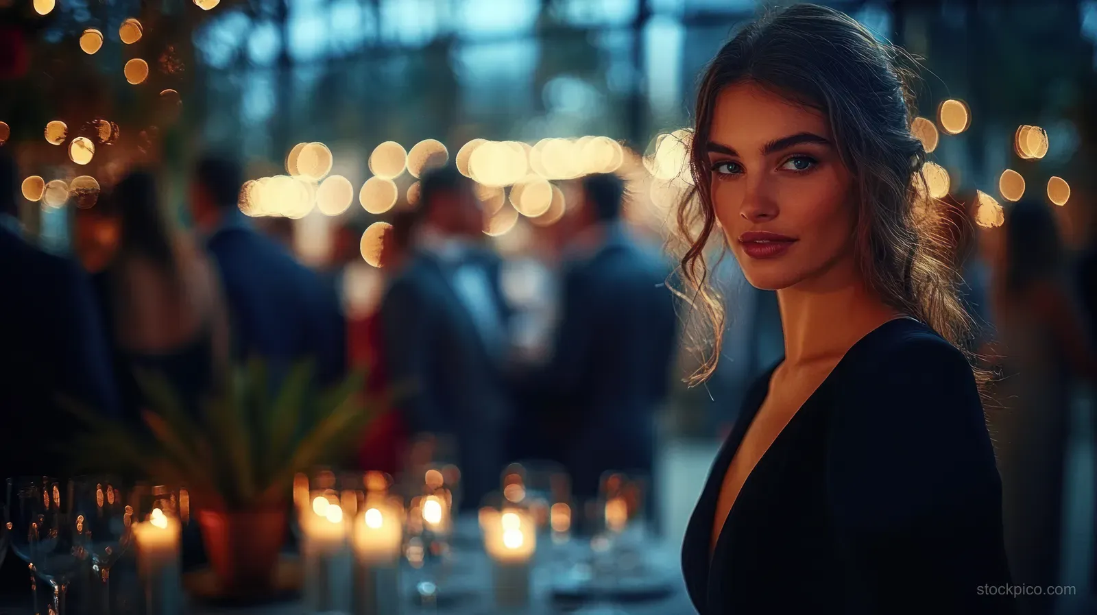 A woman in a black dress stands by an event bar as blurred guests and warm bokeh lights fill the background.