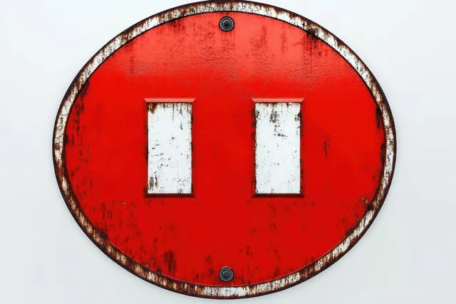 Weathered red oval metal sign with two white vertical panels