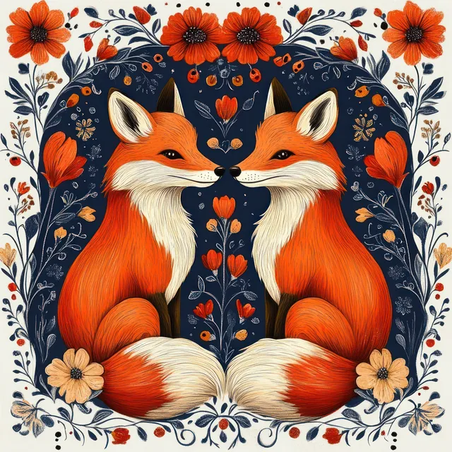 Two orange foxes sit face to face within a symmetrical floral wreath of orange flowers and dark leaves.