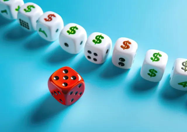 A red dice face showing five rests among white dice with dollar symbols on a light blue surface.
