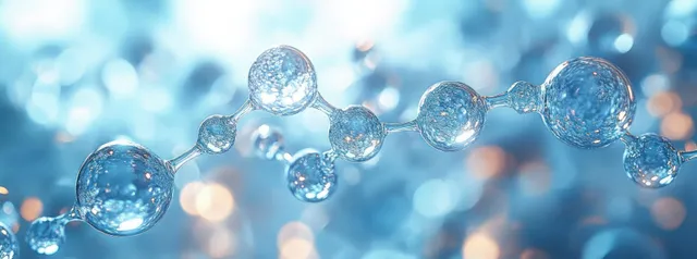 Close-up of glowing blue spheres linked like a molecular model on a bokeh background