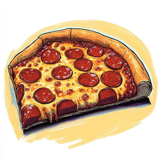 Illustration of a pepperoni pizza slice with melted cheese and a thick golden crust on a light background.