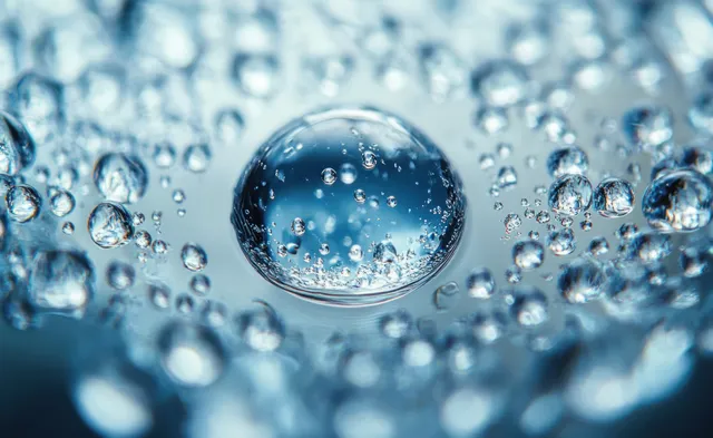 Large central water droplet reflects blue light while smaller droplets bead across a smooth surface.