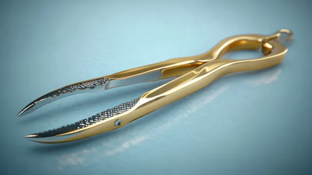 Golden metal pliers with serrated jaws lie on a textured blue surface, showing sharp pointed tips and reflections.