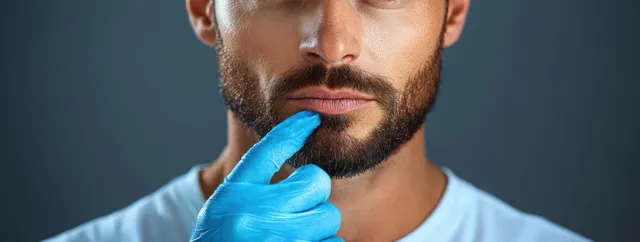 A bearded man wearing a blue medical glove touches his lips thoughtfully in a close-up portrait against a dark background.