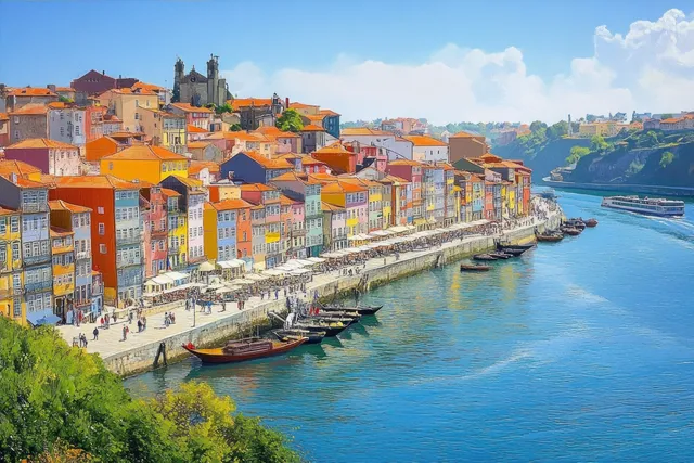 Colorful Porto riverside with historic buildings and boats along the Douro
