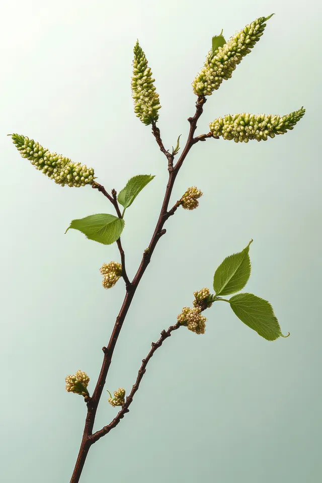 A brown tree twig with green leaves and small white bud clusters stands against a soft neutral background.