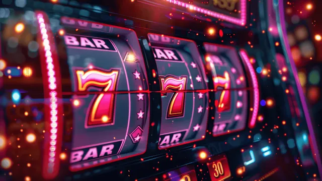 Neon casino slot machine reels spinning with glowing 7 symbols and star icons