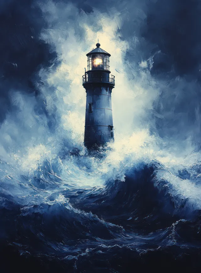 Watercolor lighthouse rises from turbulent blue waves with white foam and dark storm clouds overhead.