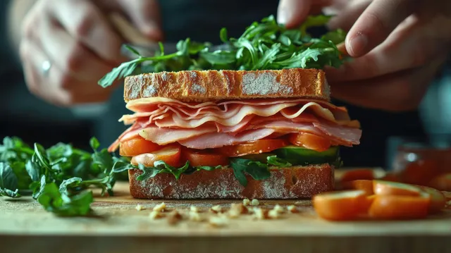 Hands layer ham, tomatoes, and greens between two slices of rustic bread on a wooden board.
