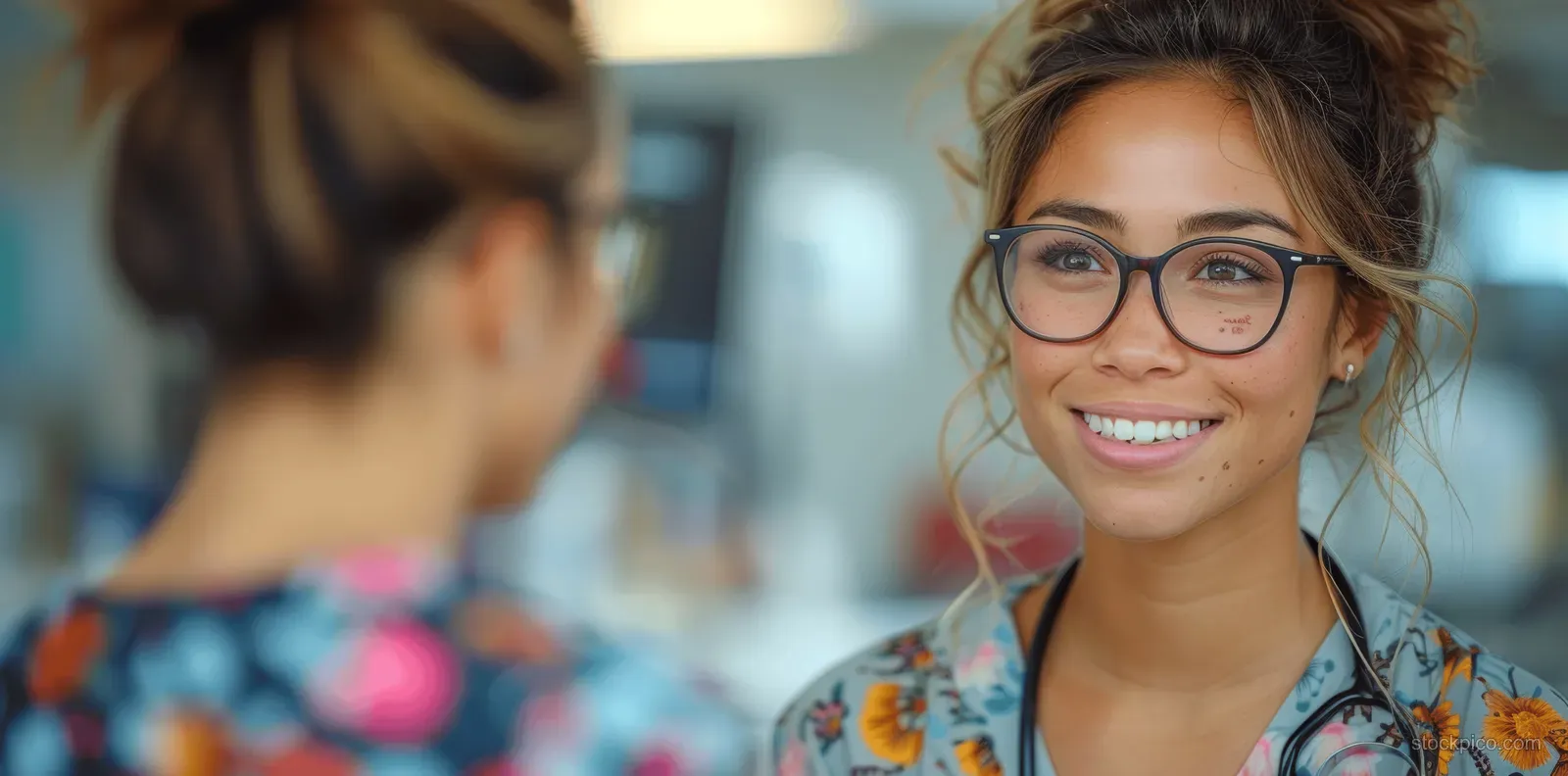 A smiling nurse with glasses in patterned scrubs speaks with a patient in a warmly lit clinic.