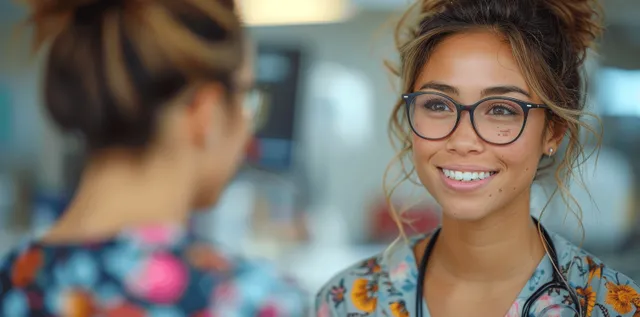 Smiling multicultural nurse in colorful scrubs speaking warmly in a clinic hallway